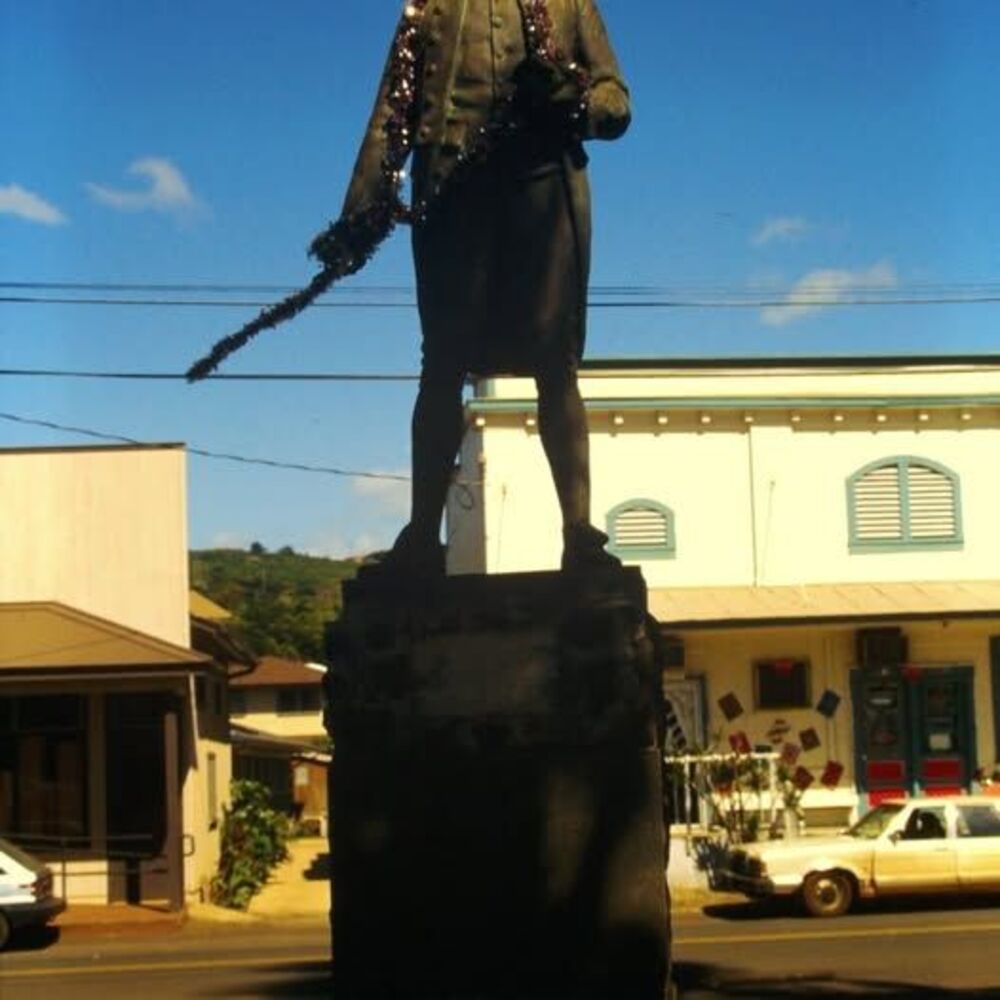 Original 1996 35mm Slide, "Captain James Cook, R.N Statue", Hofgaard Park, HI